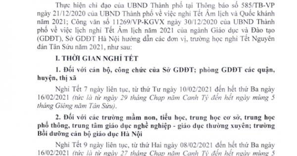 Học sinh Hà Nội nghỉ Tết Nguyên đán 9 ngày